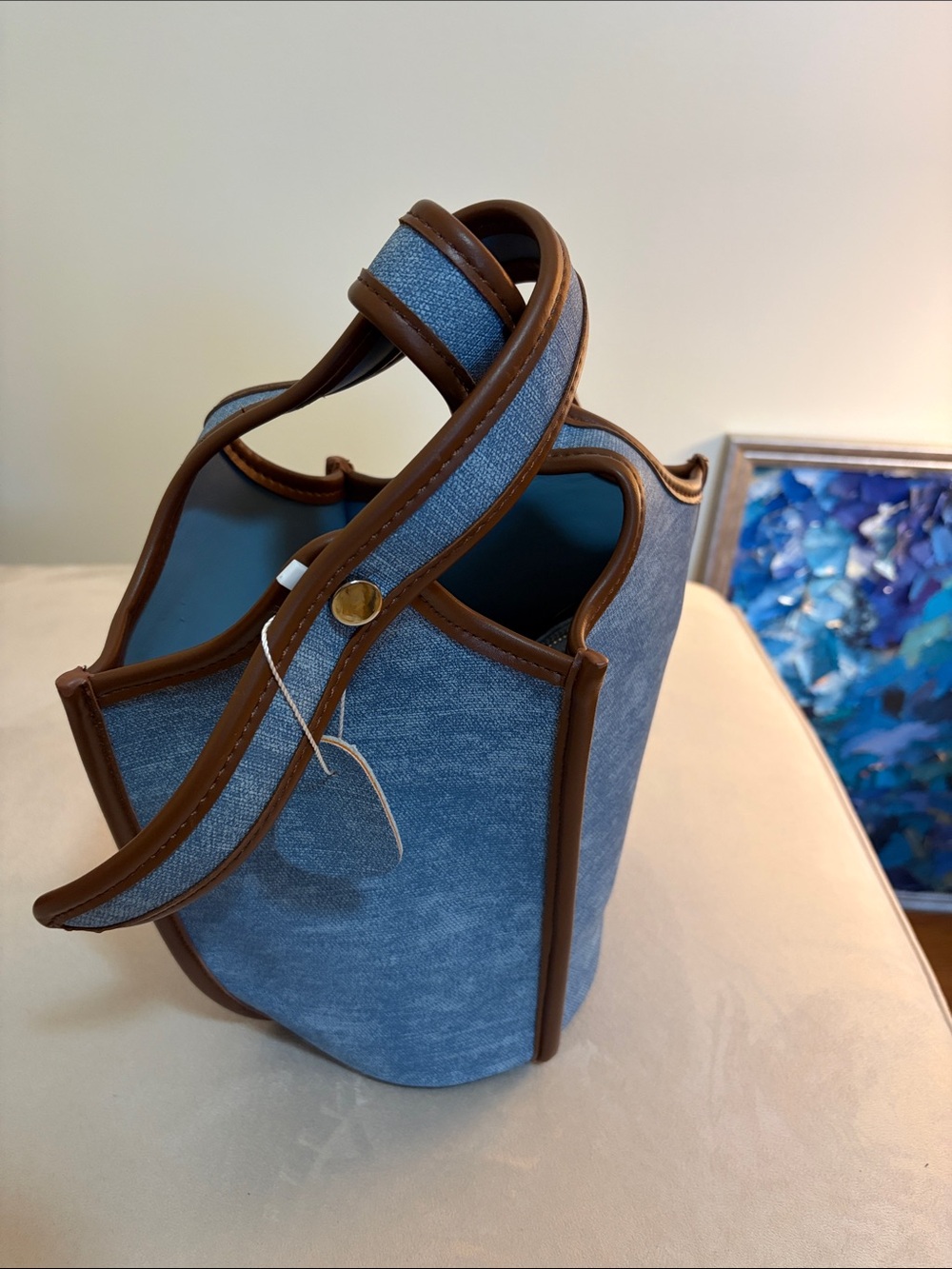 Blue Denim Tote with Brown Trim - Women Bags